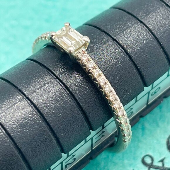 Tiffany & Co. Novo Horizon Platinum Emerald Cut & Round Diamond Ring Size 4.75 - Picture 3 of 14